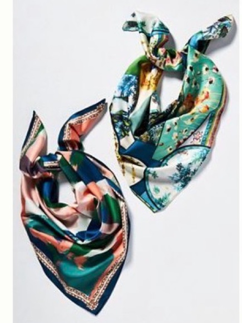 Anthropologie Printed Silken Scarves Set of 2 Green Blue NEW